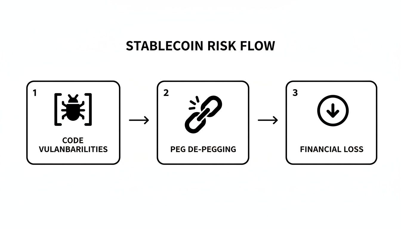 Flowchart illustrating stablecoin risk: code vulnerabilities cause peg de-pegging, leading to financial loss.