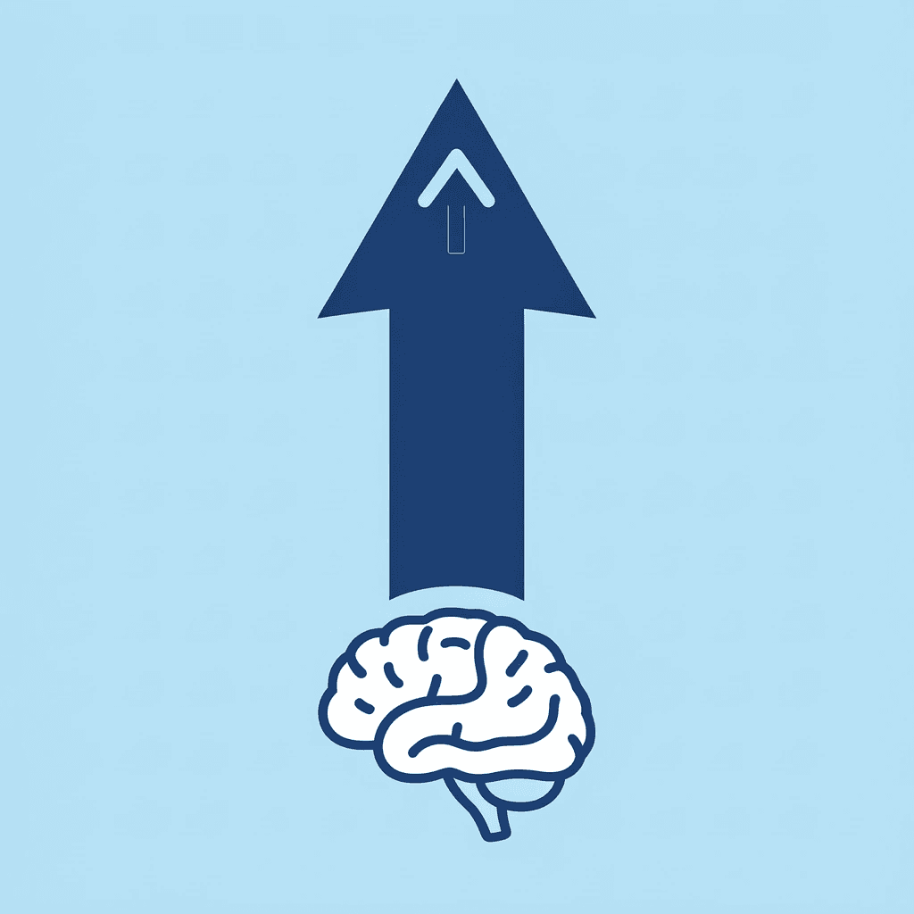 Upward arrow showing brain development growth with age, 5 milestones marked