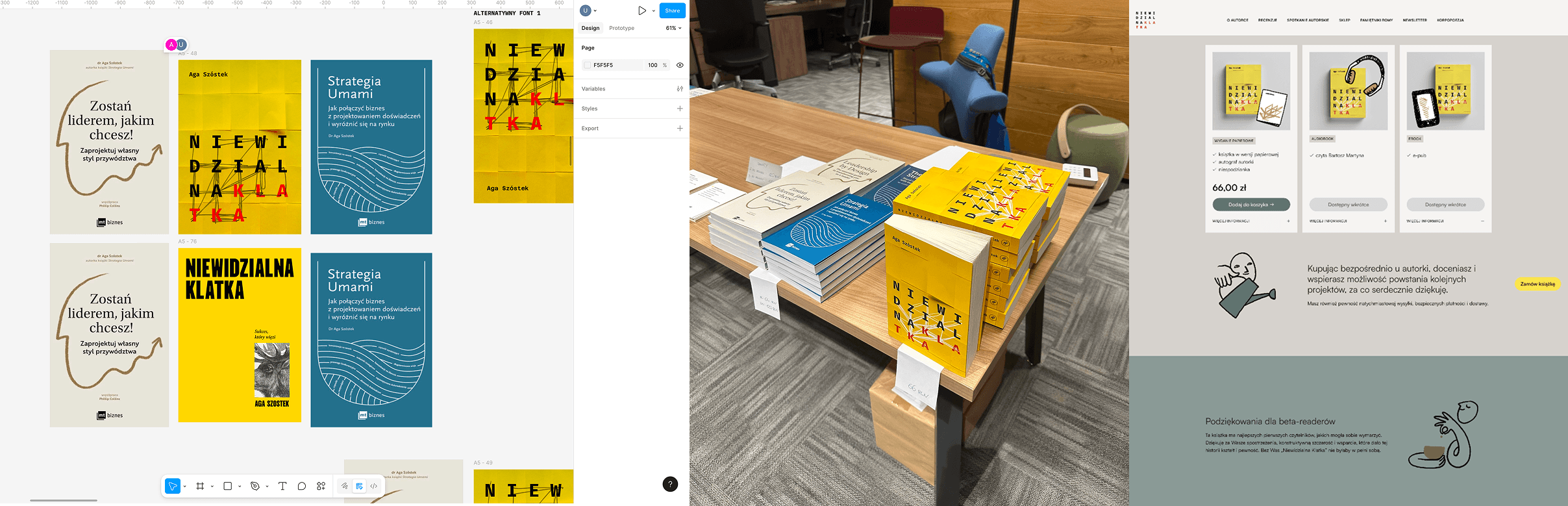 Po lewej: screenshot z figmy, gdzie projekty Niewidzialnej Klatki znajdują się pomiędzy innymi książkami autorki. w środku: wszystkie trzy książki leżą na stoliku. po prawej: screenshot z landingpage książki w brandingu autorki