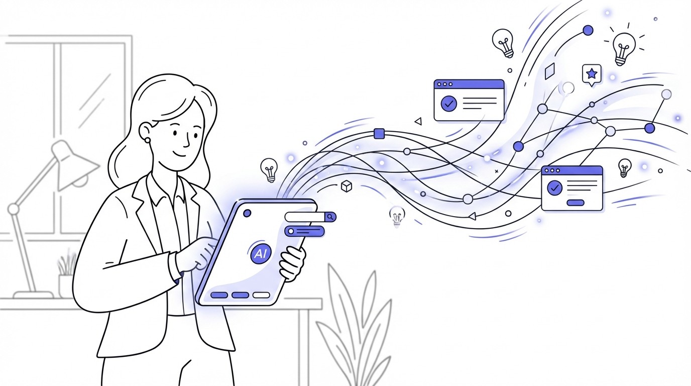 A modern illustration showing a recruiter interacting with a sophisticated AI interface, depicting artificial intelligence streamlining the recruitment process with speed and efficiency.