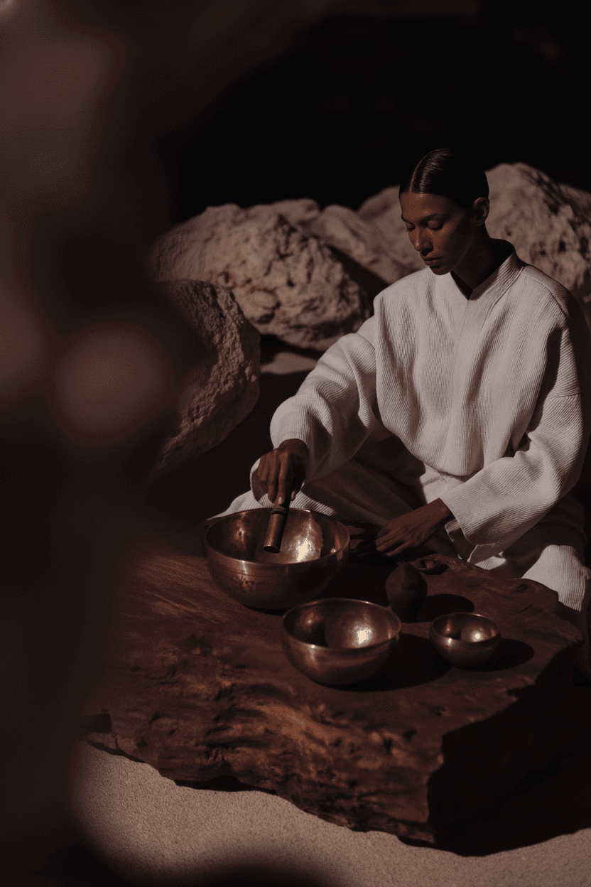 Gråhanå branding photography — person performing a sound healing ritual with Tibetan singing bowls on a carved wooden table, representing mindful wellness and sensory design by Astrophat Studio.