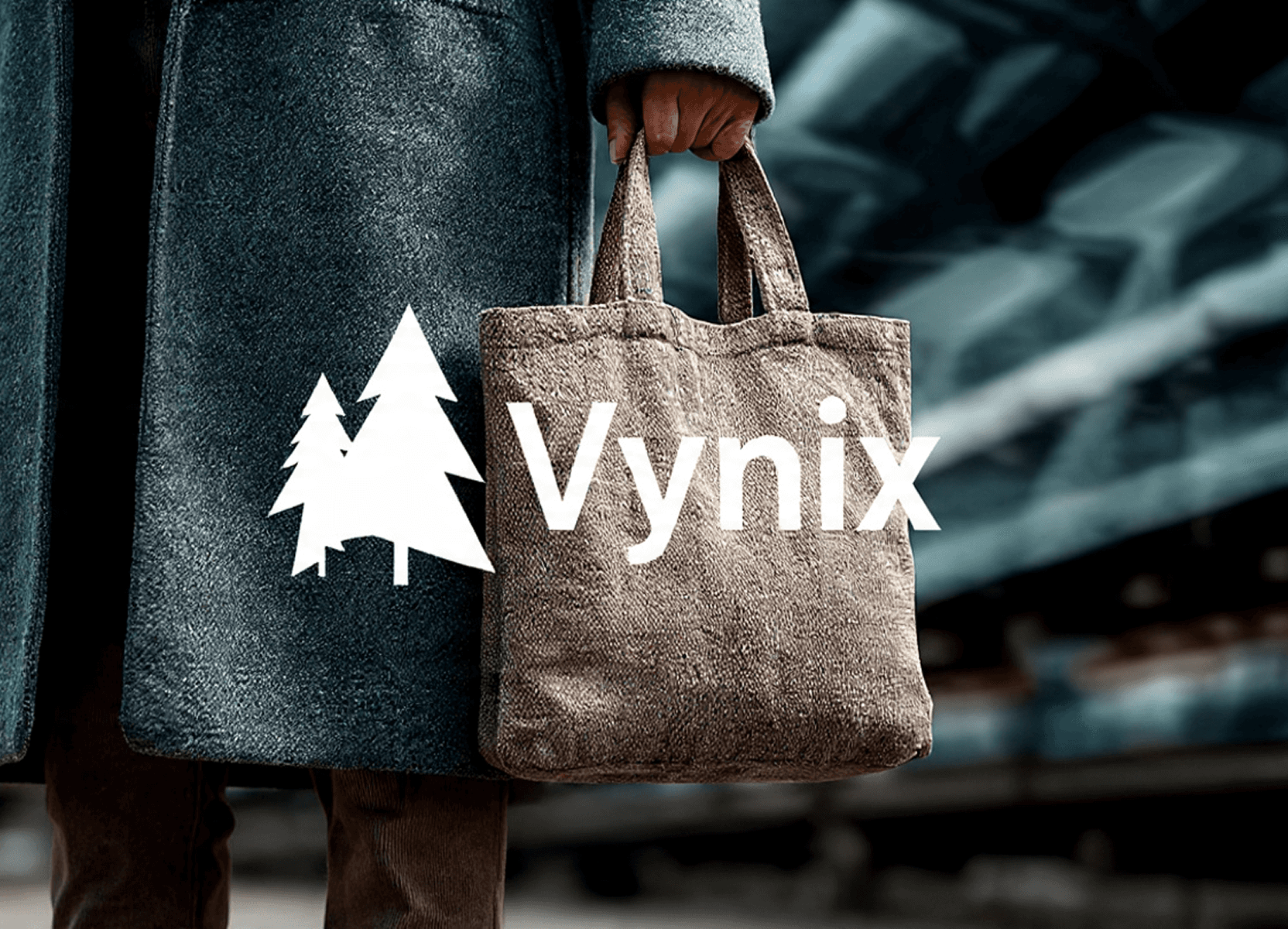 A person in a dark coat holds a textured tote bag with "Vynix" printed on it.