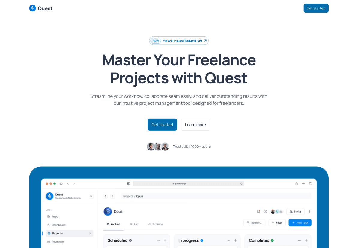 Clean hero section with great use of "social proof" elements - Product Hunt badge and user avatars. Strong headline targeting freelancers with clear value proposition. Product preview shows intuitive interface, while dual CTAs ("Get started" and "Learn more") offer flexibility.
