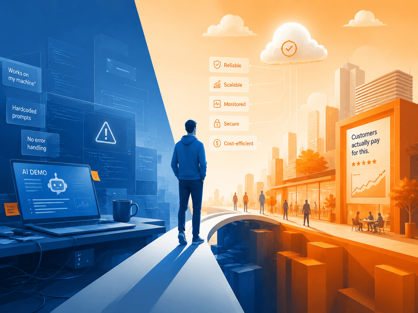 Developer walking from unstable AI demo environment toward scalable, secure cloud product success.