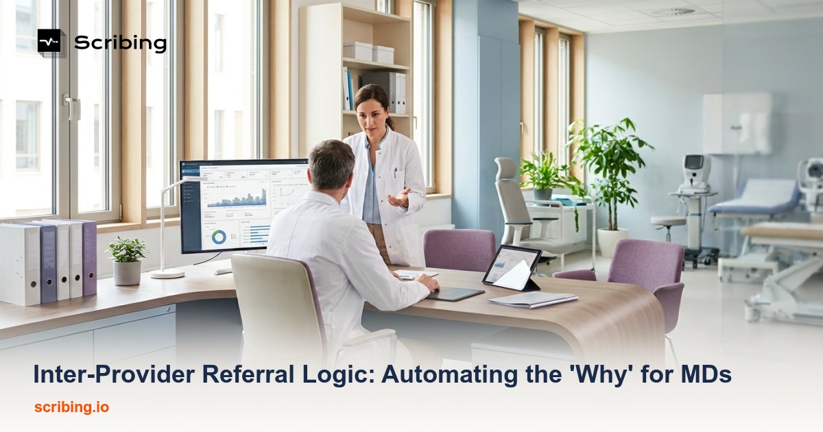 Illustration representing automated clinical rationale flowing between healthcare providers during inter-provider patient referrals
