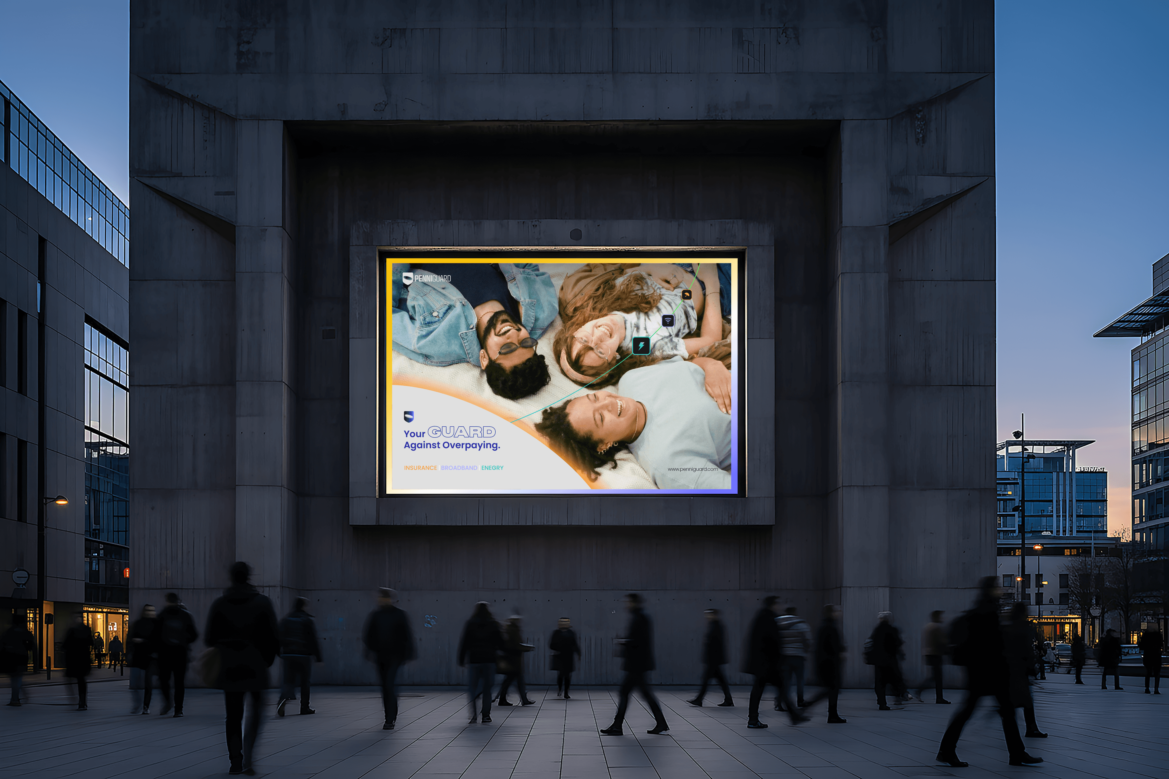 Billboard design in a city, motion blur people walking in front of it, late evening city lights.