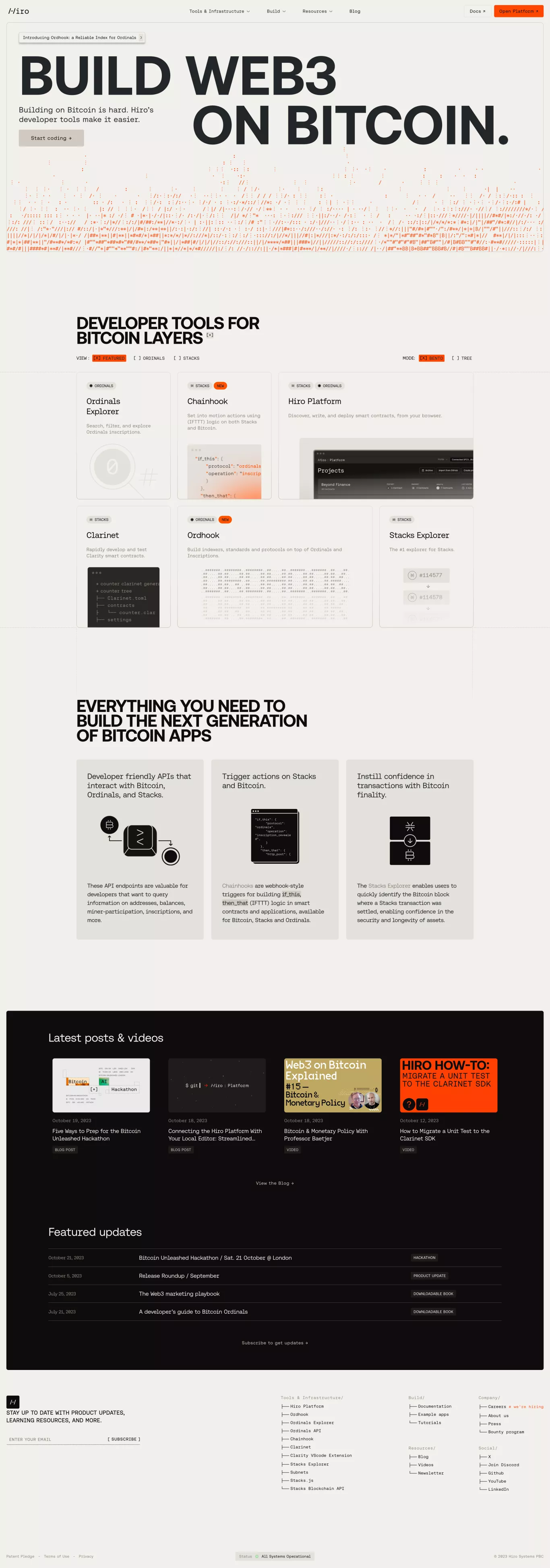 Hiro – Developer tools for Bitcoin layer landing page screenshot showcasing Tech and NFT / Crypto / Web3 design