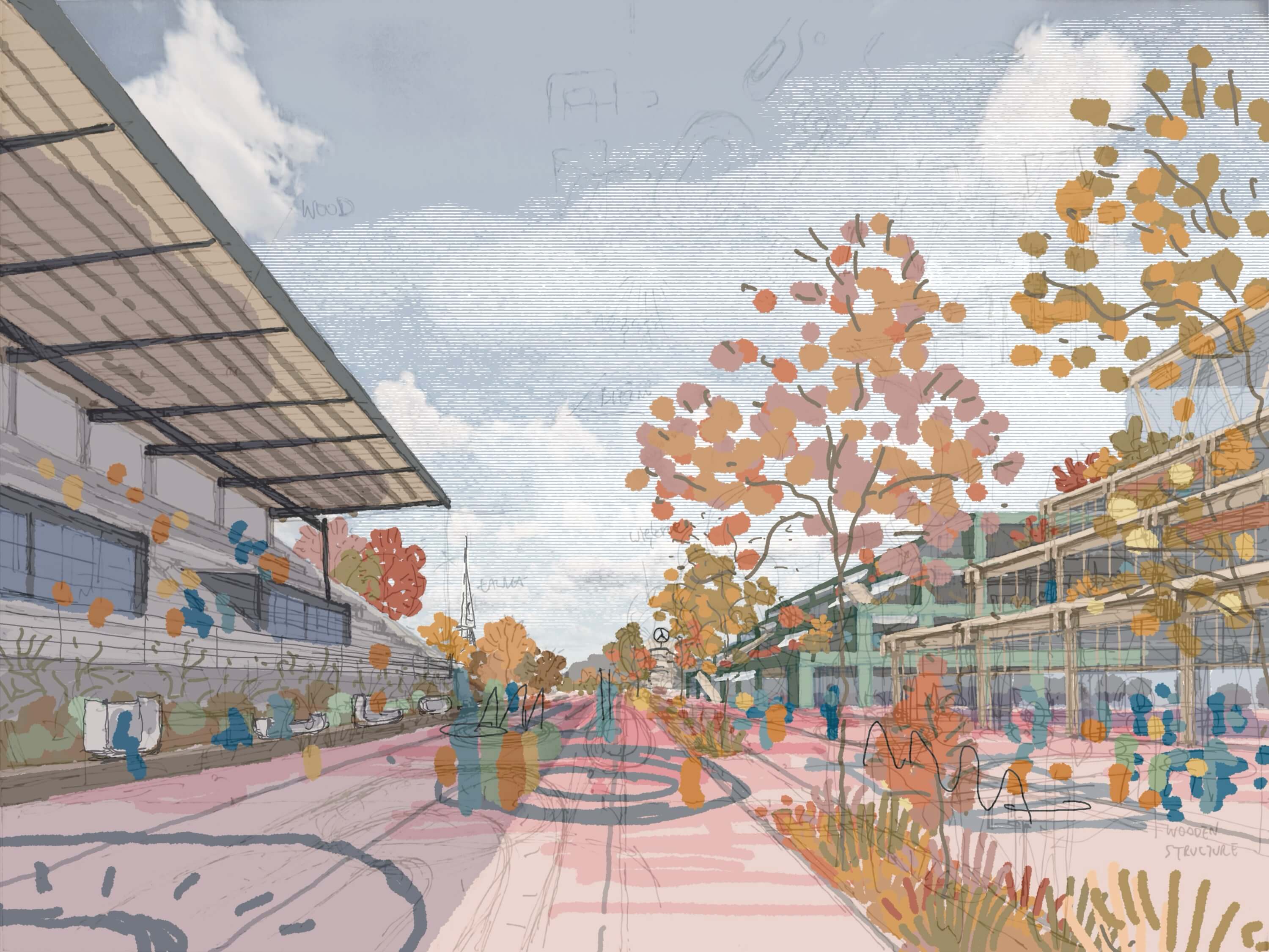 A colorful sketch of a modern architectural landscape with trees, walkways, and overcast skies.