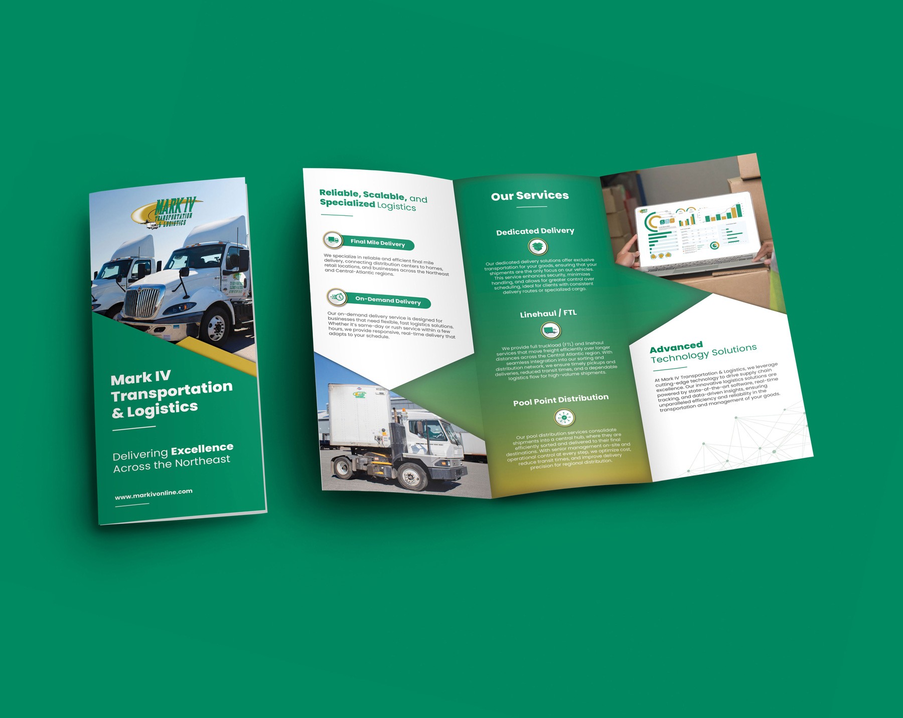 Two Mark IV Transportation & Logistics brochures on a green background, featuring trucks, contact details, and the company slogan