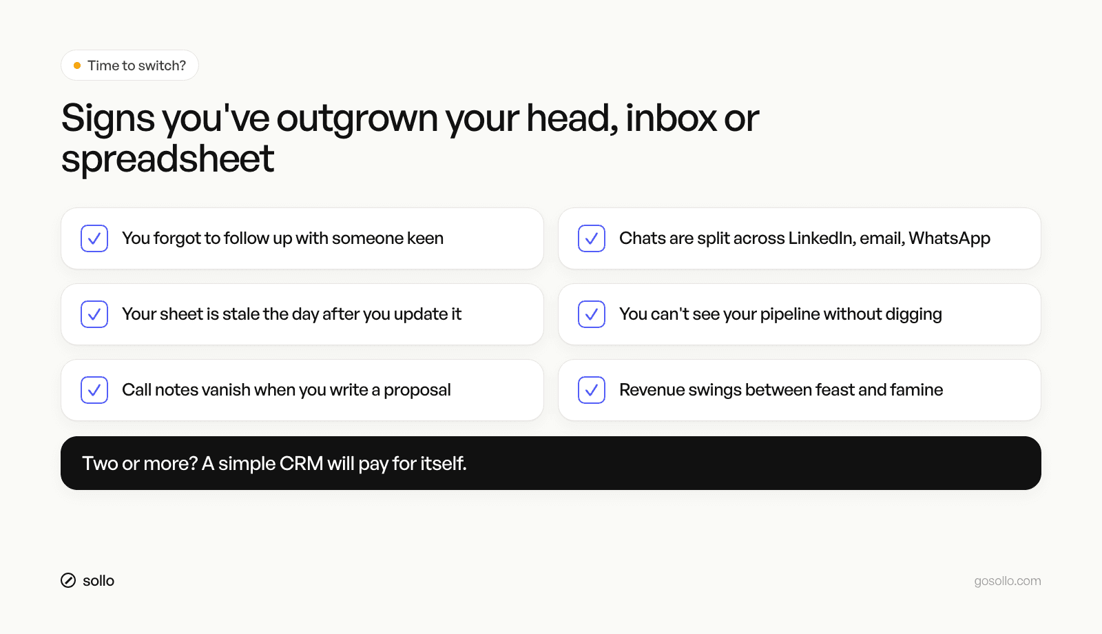 Checklist: signs a solopreneur has outgrown their spreadsheet and needs a CRM