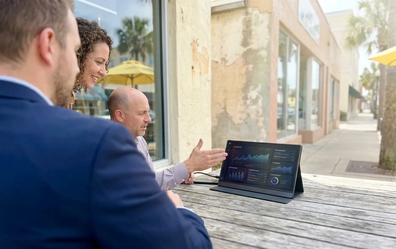 RockN' Socials team strategizes digital marketing at an outdoor meeting.