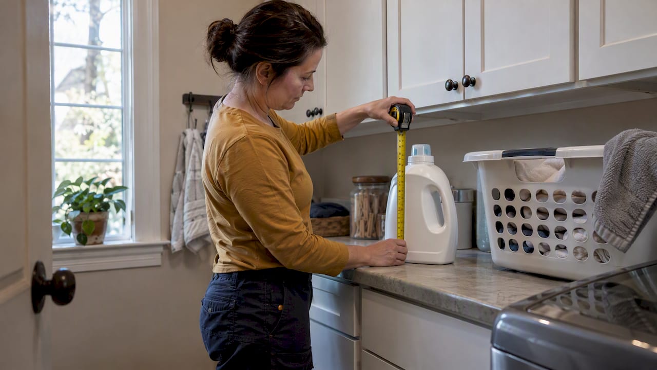 Homeowner measuring laundry storage clearance