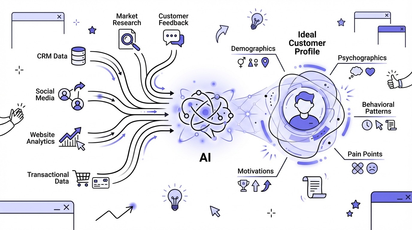 An infographic diagram illustrating AI building a dynamic Ideal Customer Profile (ICP). Various data sources like CRM, social media, and website analytics flow into a central AI core. The AI processes this data and outputs an evolving, holographic customer profile with attributes like demographics and behavior.