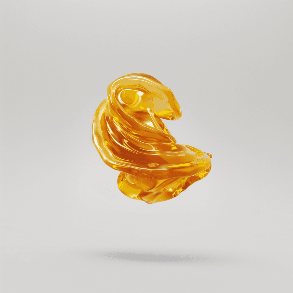 3D render of an abstract translucent glass sculpture with smooth, flowing organic curves floating against a minimal light gray background. The form resembles a fluid, molten loop with soft reflections and refractions