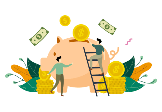 two men alongside a piggybank saving money