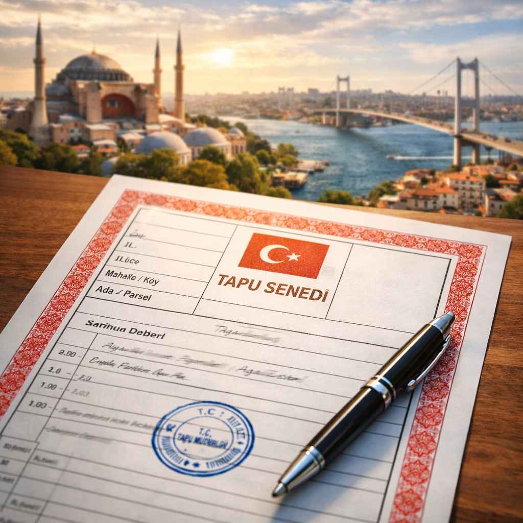 Turkish title deed document (tapu) on a desk with blurred Istanbul skyline
