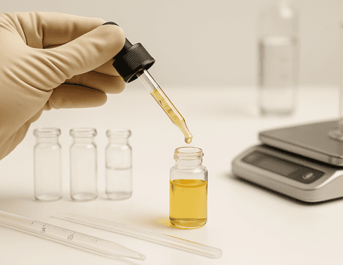 Gloved hand precisely transferring golden liquid between lab glassware, illustrating the scientific rigour and formulation expertise behind cosmetic product development.