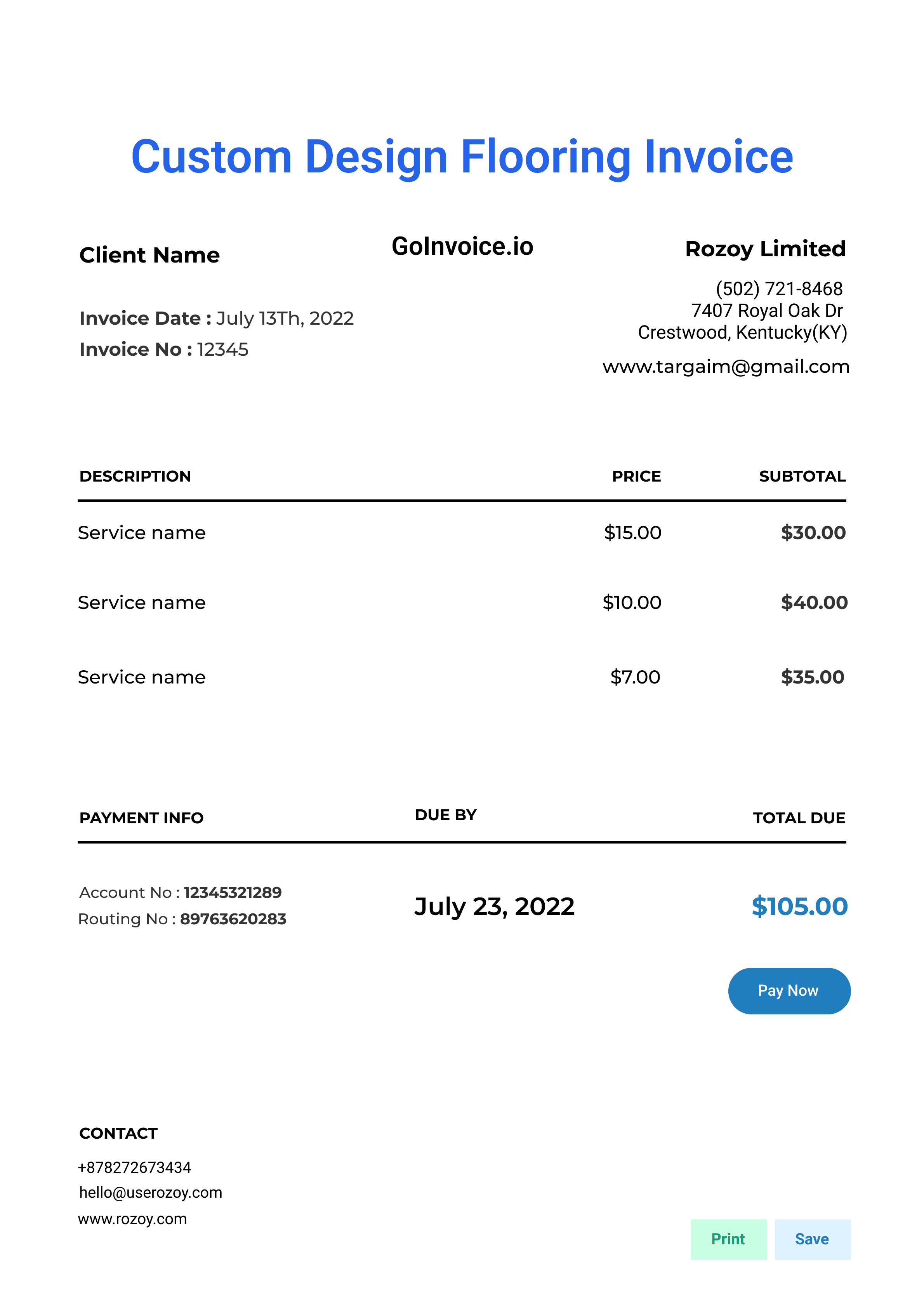 Custom Design Flooring Invoice