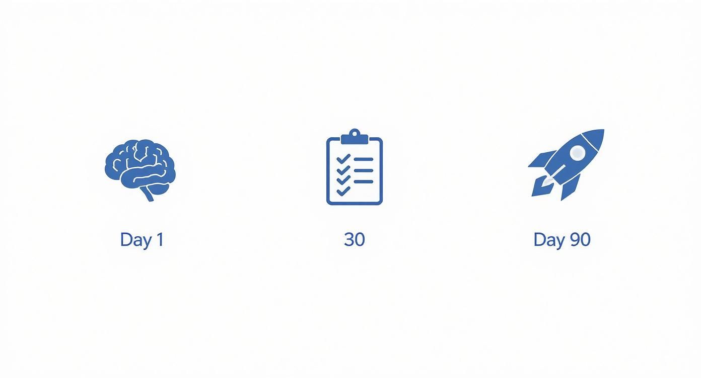 Infographic with blue icons depicting a 90-day progress timeline: brain, checklist, rocket.