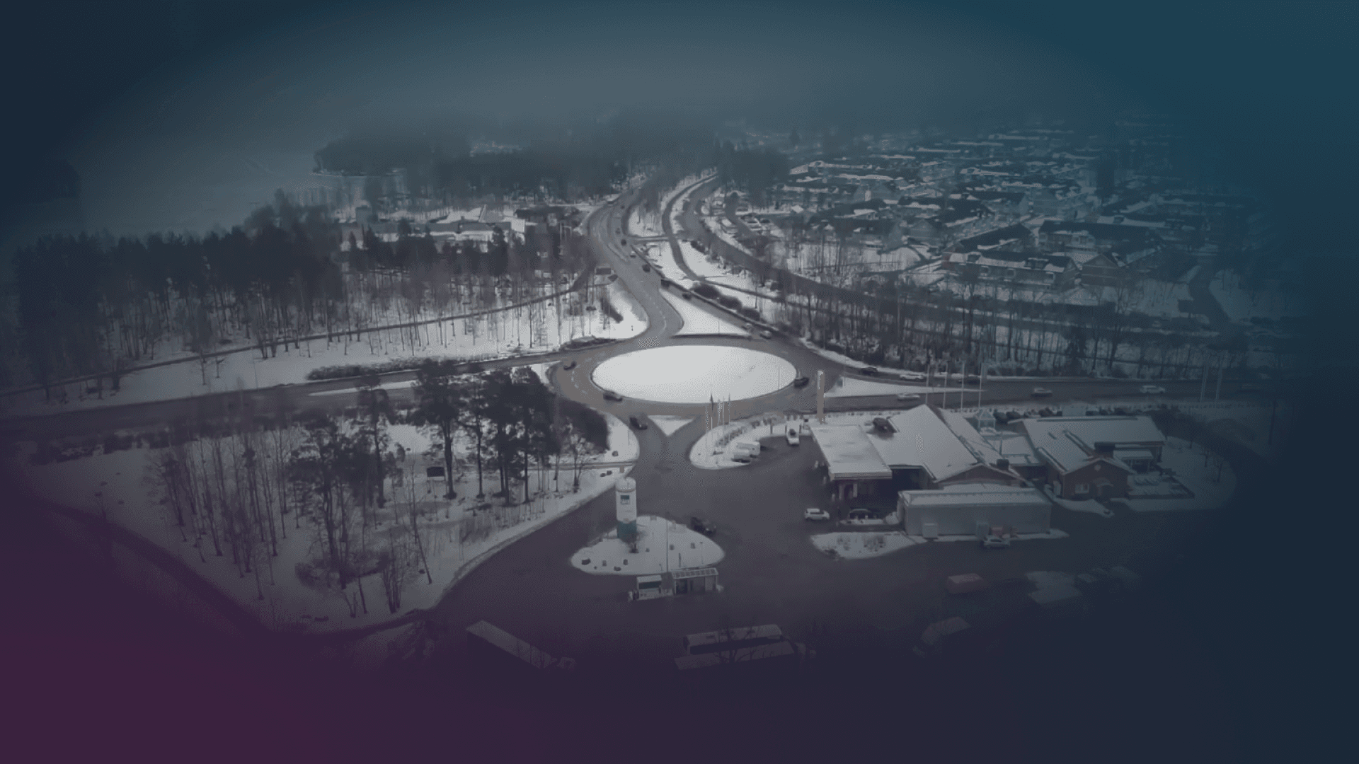 Aerial drone view of a roundabout and surrounding roads in Falun, Sweden, captured by FFK during the FIS Cross-Country Skiing World Cup