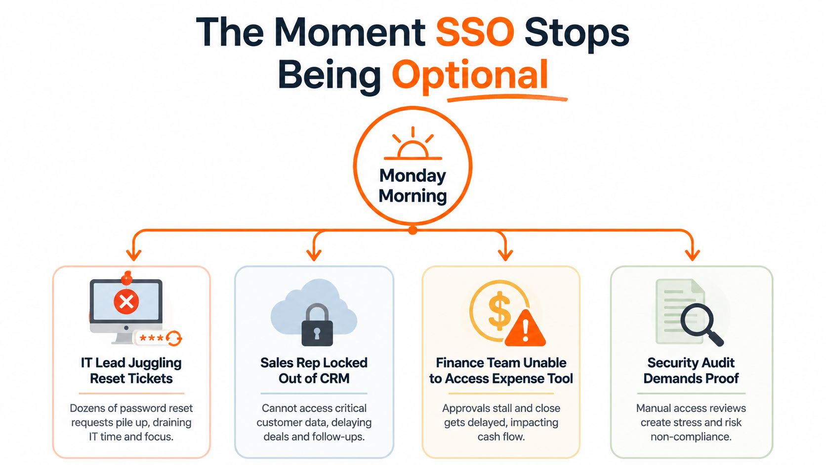 An infographic showing how businesses face operational issues on Monday mornings without single sign on integration solutions.