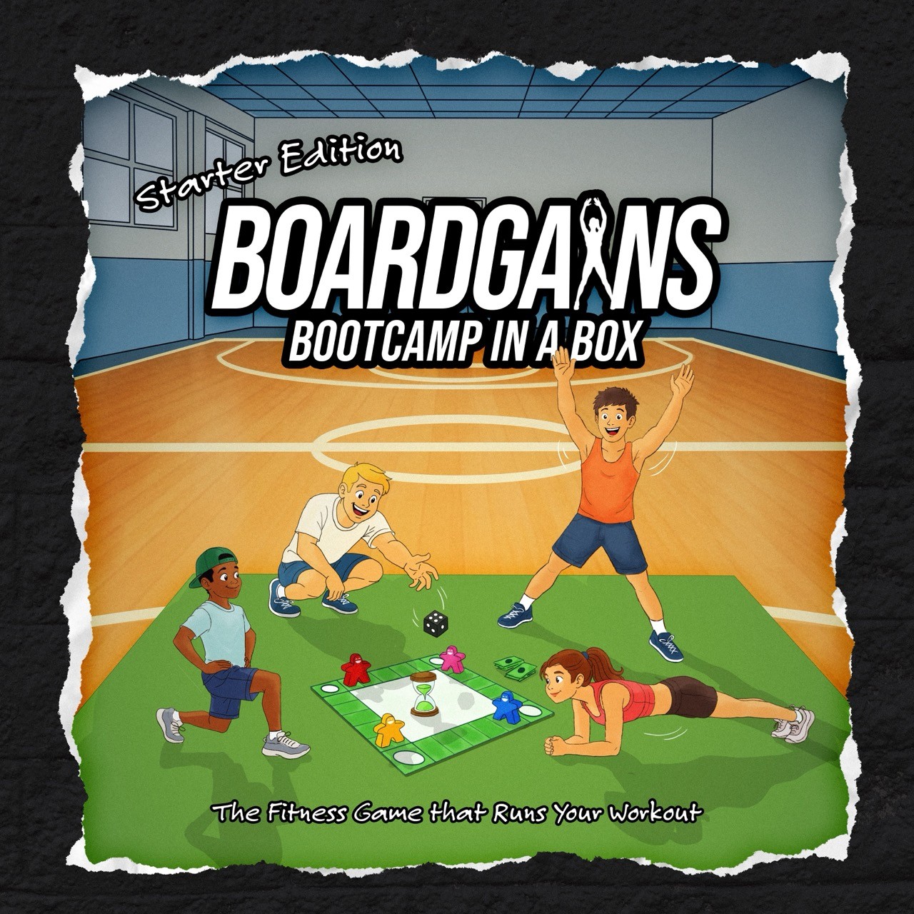 BoardGains board game packaging photographed on a sports court surface.