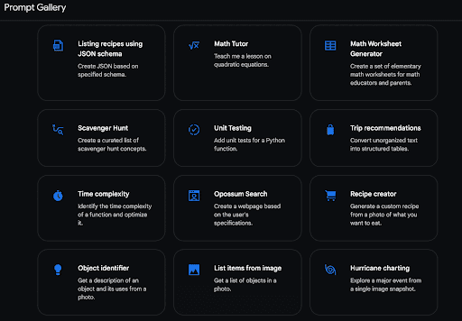 A screenshot taken from Google AI Studio Prompt Gallery to illustrate what users can do with prompt libraries.