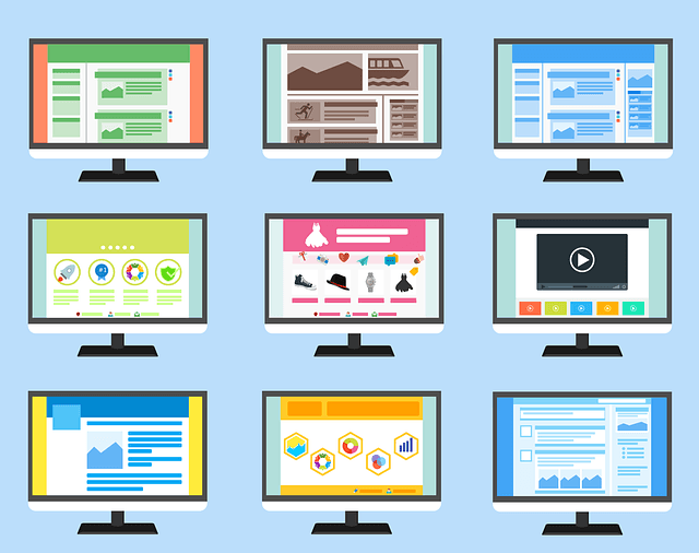 A flat design illustration of nine computer monitors arranged in a 3x3 grid against a light blue background, each displaying a different website template or user interface (UI) layout. The image showcases a variety of web design concepts, including a blog, an e-commerce shop, a video player, and a data dashboard, representing the fields of web development and UI/UX design.