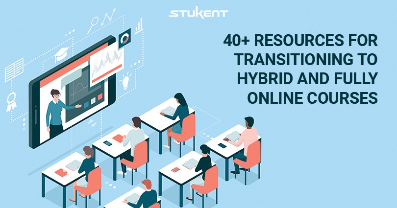 Illustration of students at desks facing a large screen with a virtual instructor. Text reads: “40+ Resources for Transitioning to Hybrid and Fully Online Courses.” Stukent logo appears at the top.