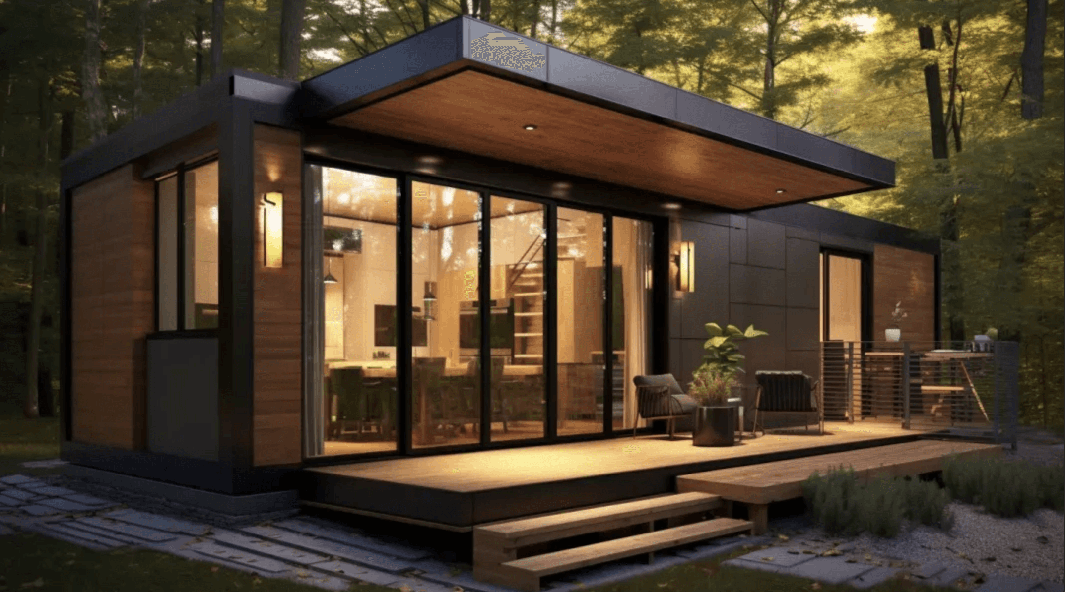 Modern cabin with wood siding, glass walls, and flat roof nestled in forest clearing with deck