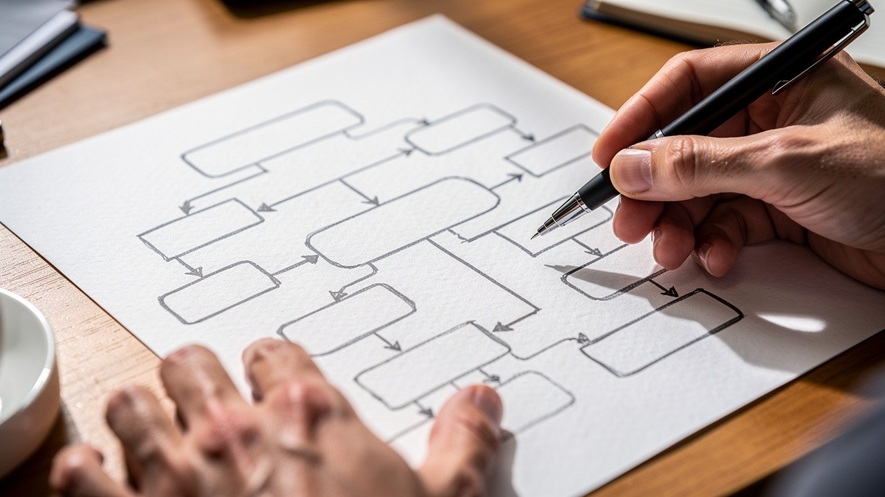 Hand-drawn flowchart showing branching sales conversation paths