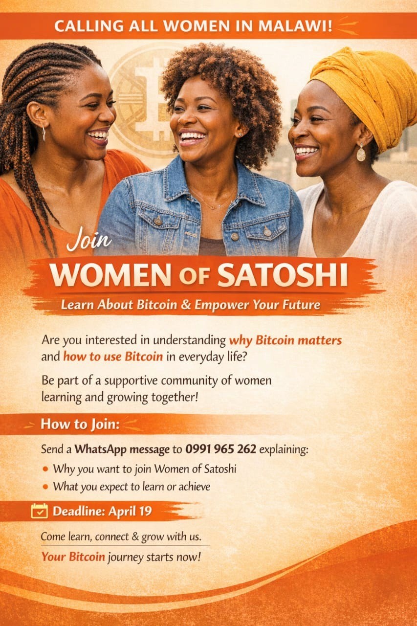 Promotional flyer calling all women in Malawi to join the Women of Satoshi Cooperative and learn about Bitcoin