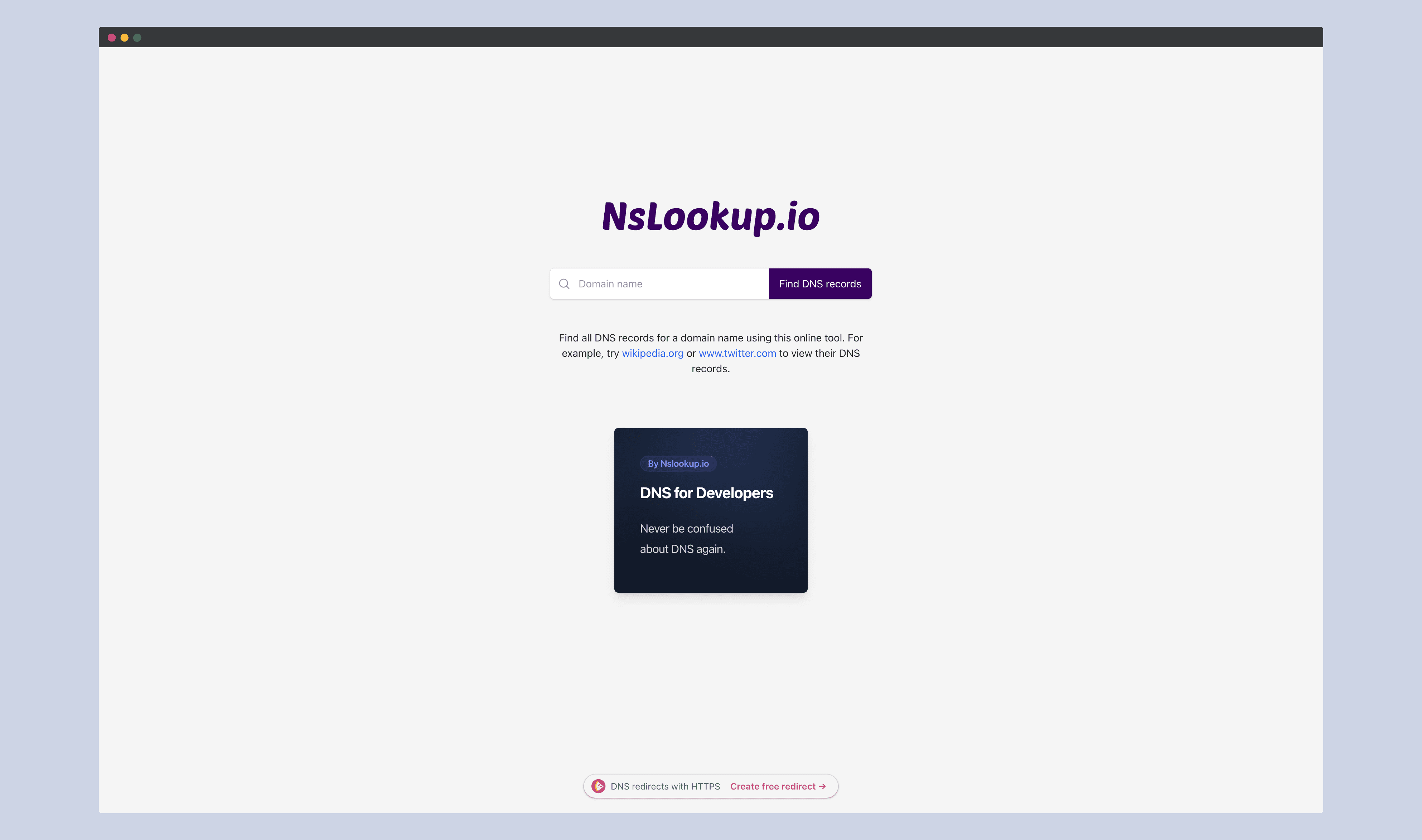 A screenshot of nslookup.io landing page