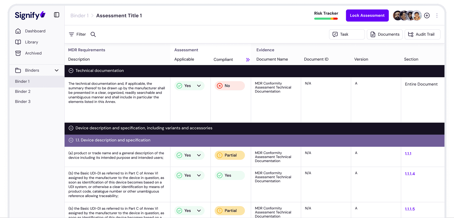 Signify dashboard showing compliance status and a new conformity revision alert.