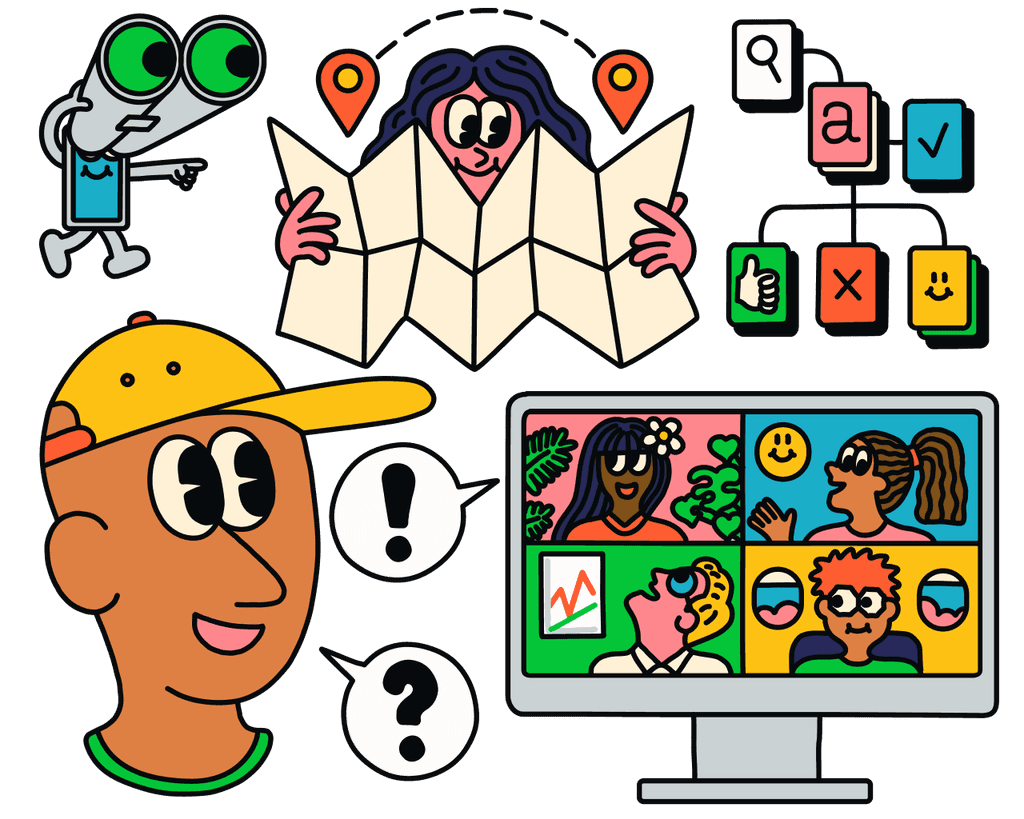 Illustration composed of various elements: an animated mobile phone looking through binoculars, a girl holding an open map in front of her, and a computer screen showing a video call between four people with the head of a boy beside the screen.