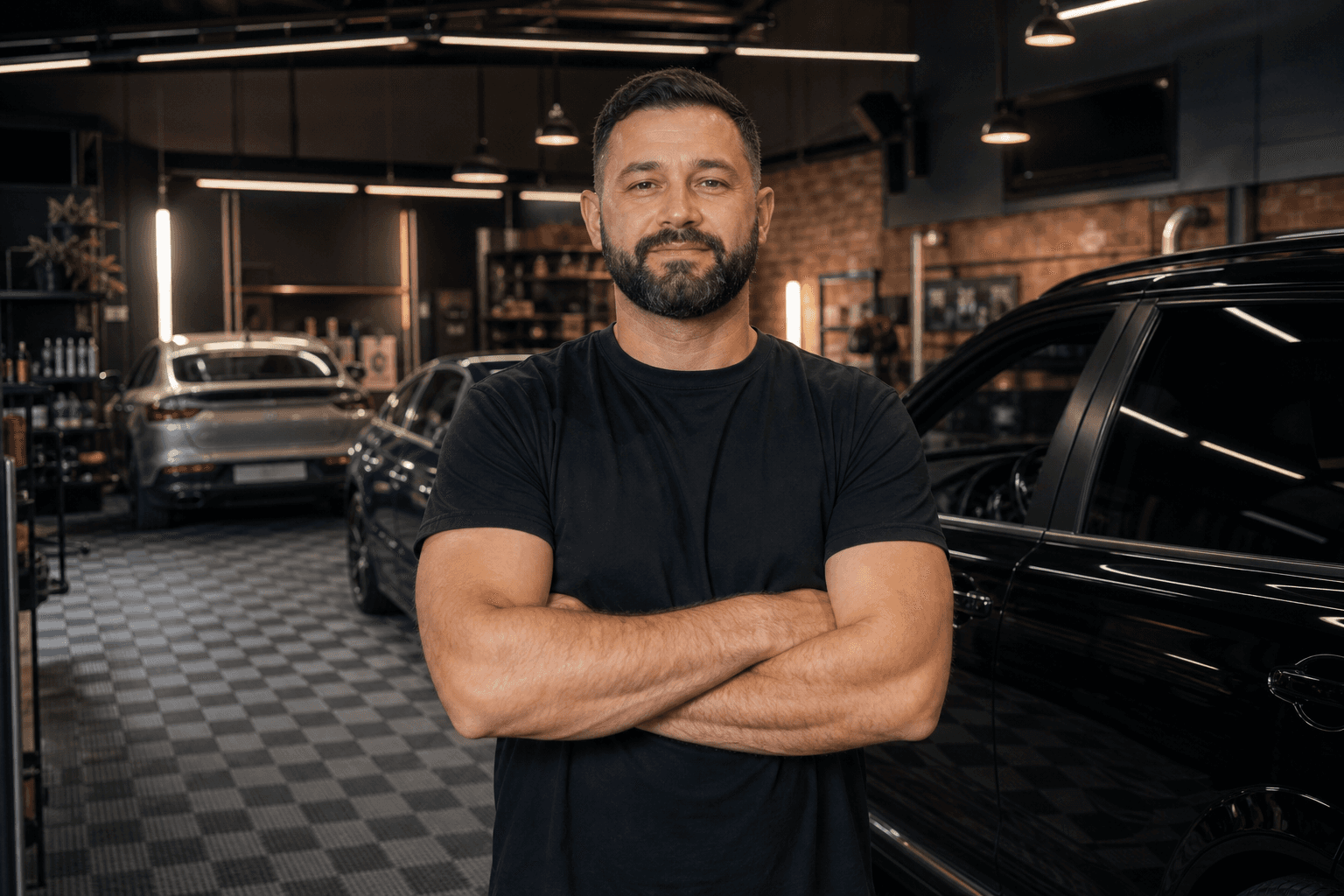 Auto styling shop owner standing in his multi-service shop
