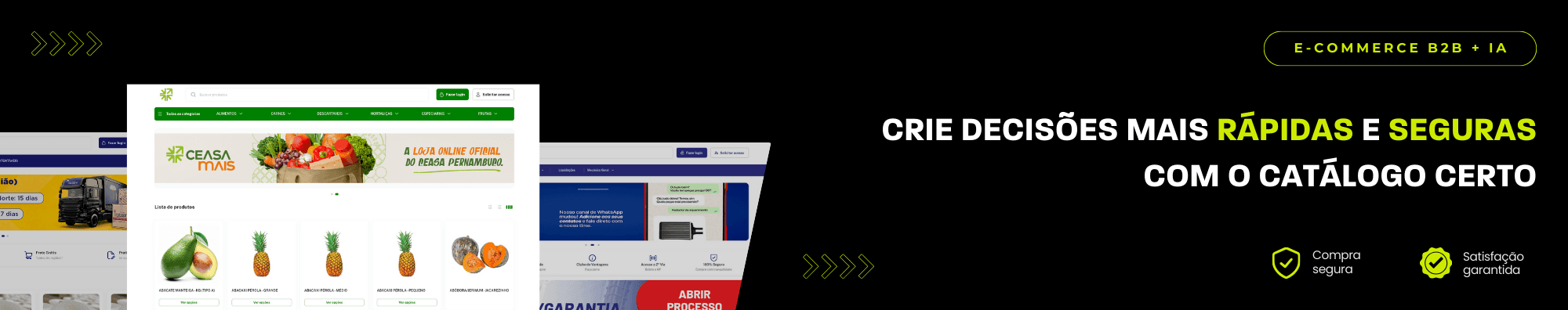 Banner horizontal com fundo escuro, ícones de segurança e satisfação, e imagens de lojas B2B exibidas à esquerda. Elementos gráficos em verde destacam o tema de e-commerce B2B com IA.