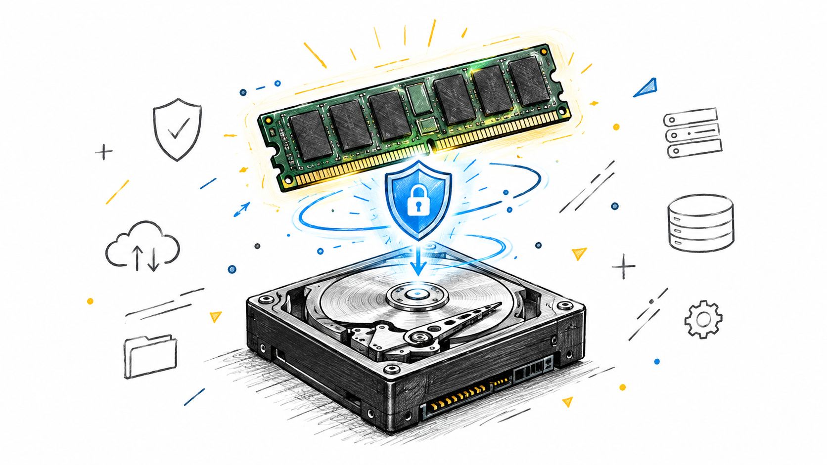A digital illustration showing a RAM stick above a hard drive protected by a secure lock shield.