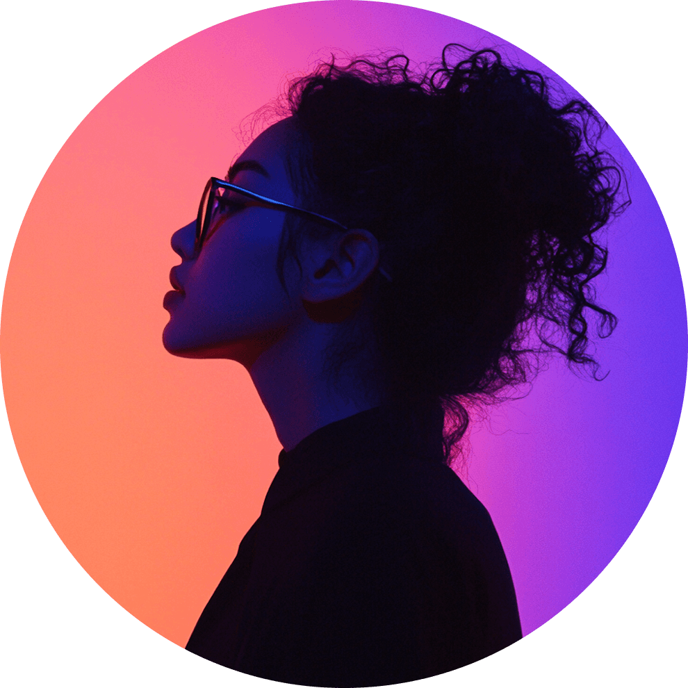 Silhouette of a young woman with curly hair and glasses, set against a vibrant purple-orange gradient background, minimal futuristic portrait
