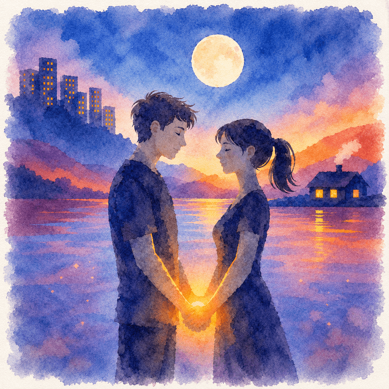 Man and woman holding hands in moonlight