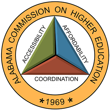 The logo for the Alabama Commission on Higher Education. It's a circular design with the organization's name encircling a central triangle. The triangle is divided into three sections labeled 'Accessibility', 'Affordability', and 'Coordination'.
