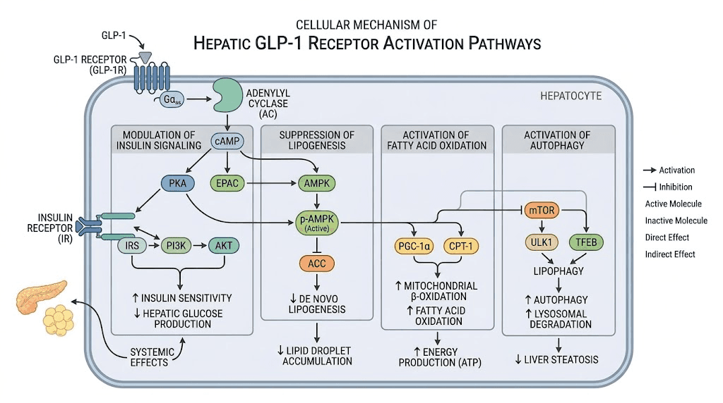 GLP-1 receptor cellular mechanisms in liver cells showing protective pathways