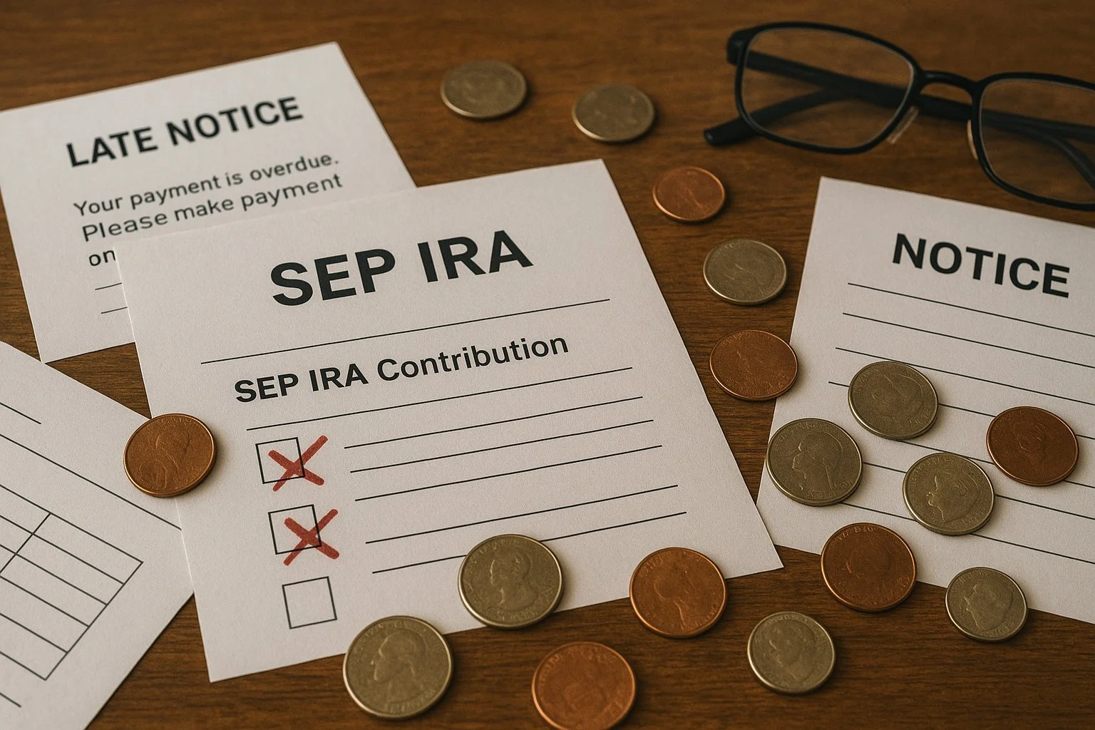 Cluttered desk with missed checkboxes on forms, late notices, and scattered coins, representing common SEP IRA compliance mistakes.