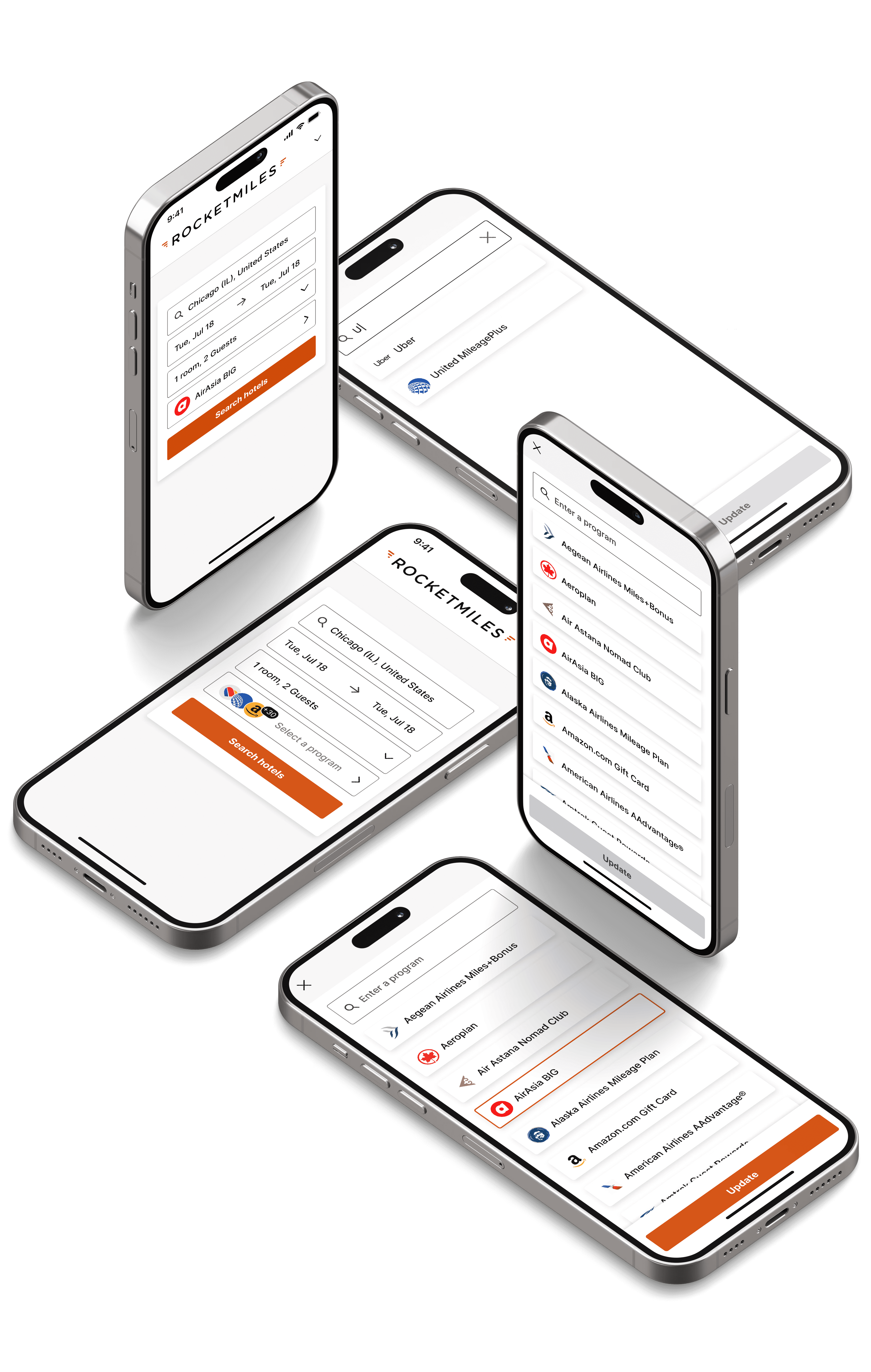 An image showing multiple iPhones with the finished screens of the new rewards program selection experience.