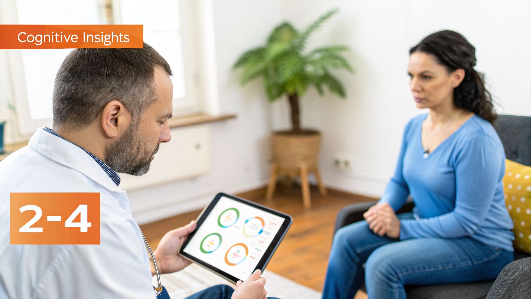 A doctor reviews cognitive insights data on a tablet while a patient sits during a medical consultation.