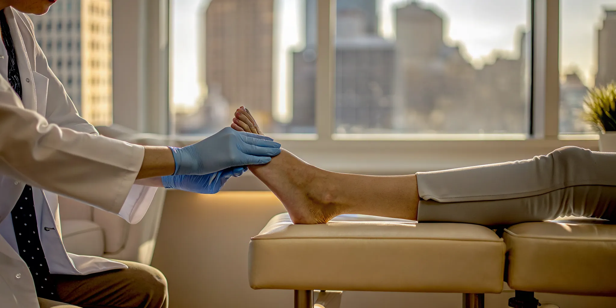 The best podiatrist in Philadelphia examines a patient's foot during a consultation.