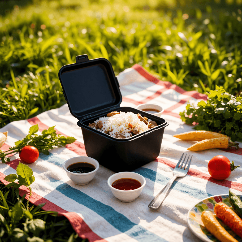 product photography of a food container with rice and meat, accompanied by three small sauce cups