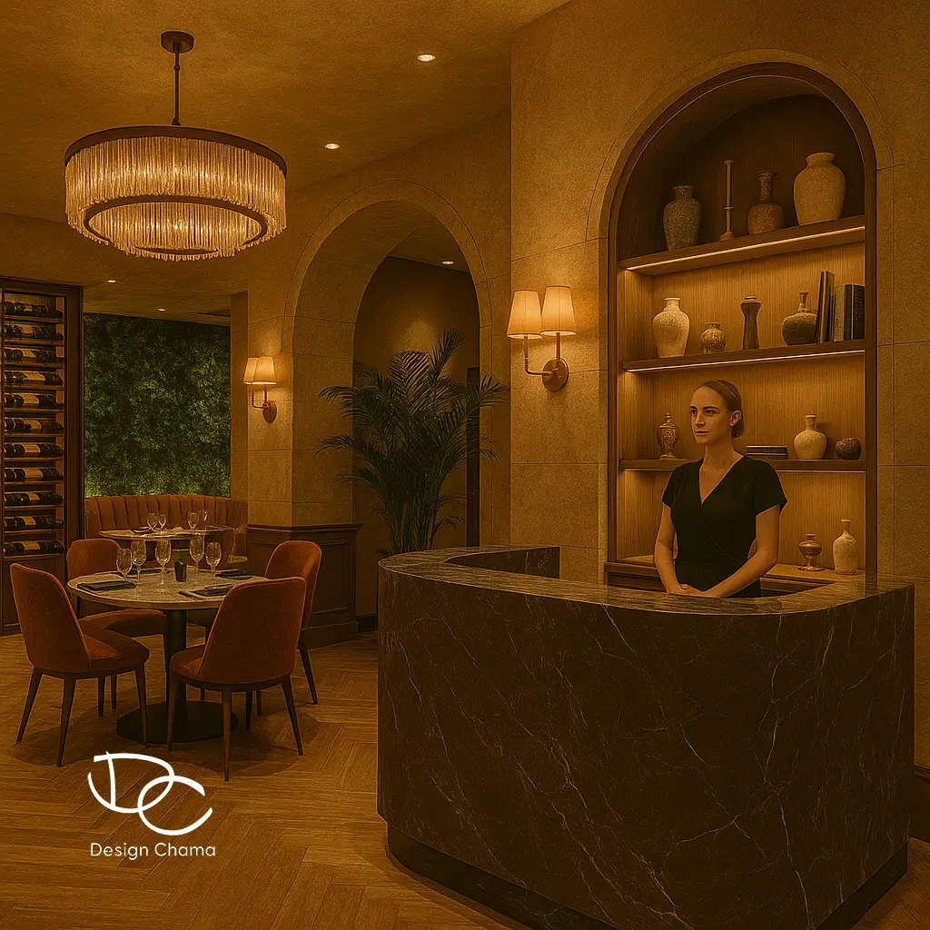 Υποδοχή πολυτελούς εστιατορίου με μαρμάρινο desk, ζεστό φωτισμό και κομψή διακόσμηση.