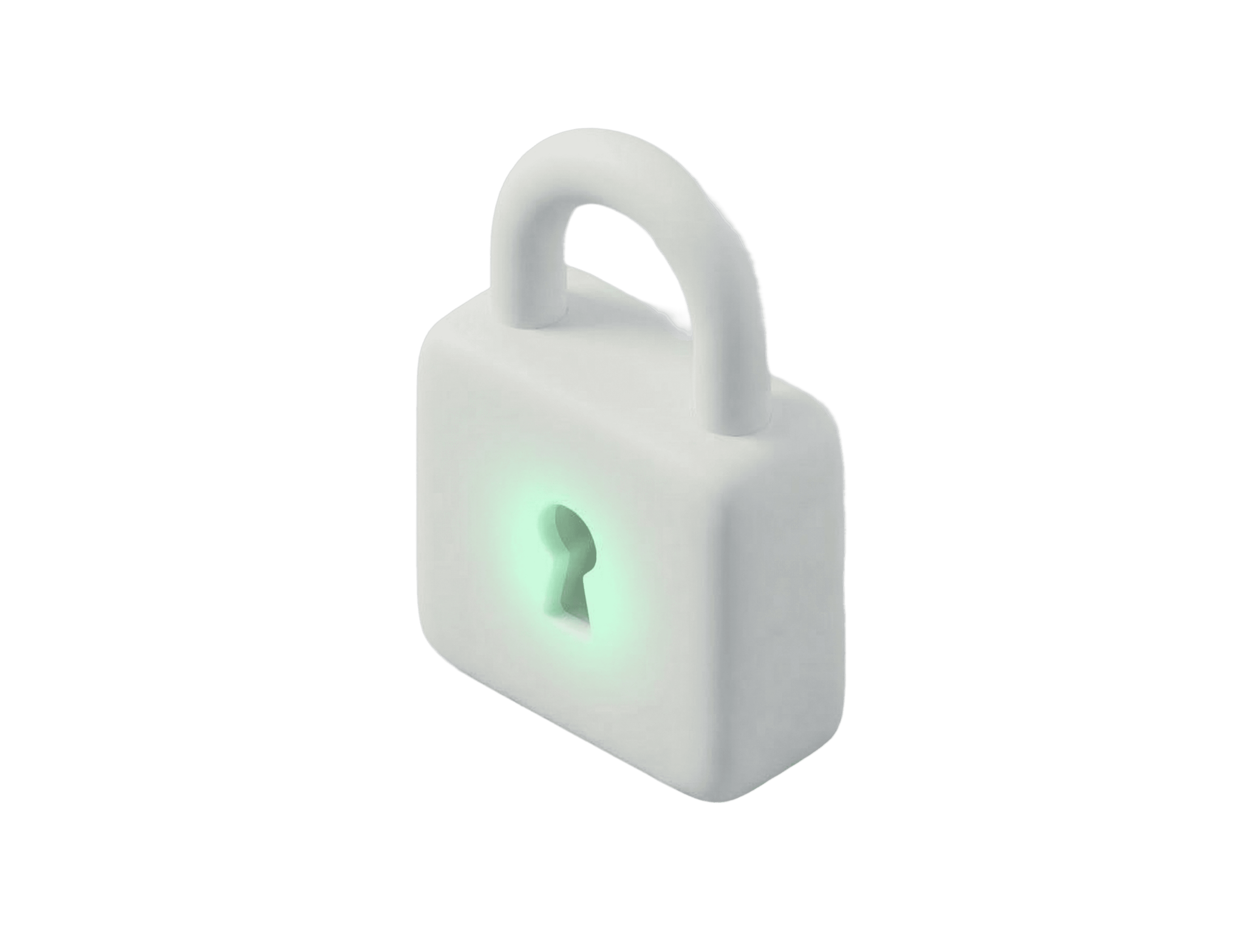 3D rendered white padlock icon with a glowing green keyhole on a black background, representing cybersecurity, data encryption, and secure system access.