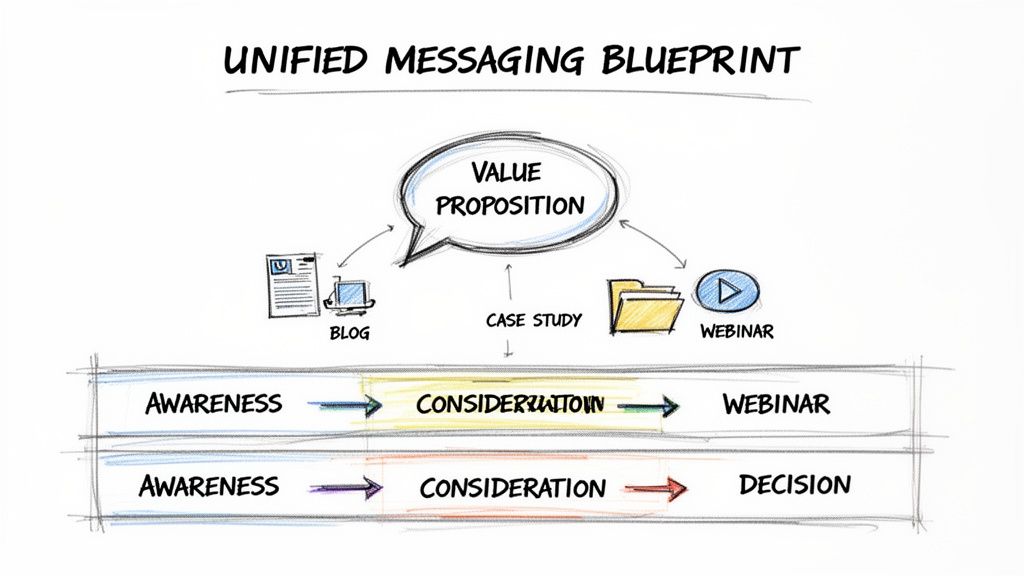 Diagram illustrating a unified messaging blueprint with content types (blog, case study, webinar) and customer journey stages.